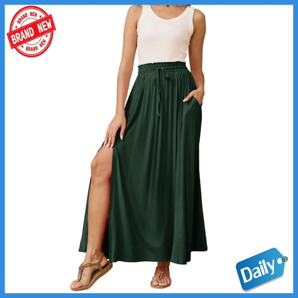 Maxi A-Line Skirt with Pockets, Elastic Waist, Split Hem, Rayon Blend